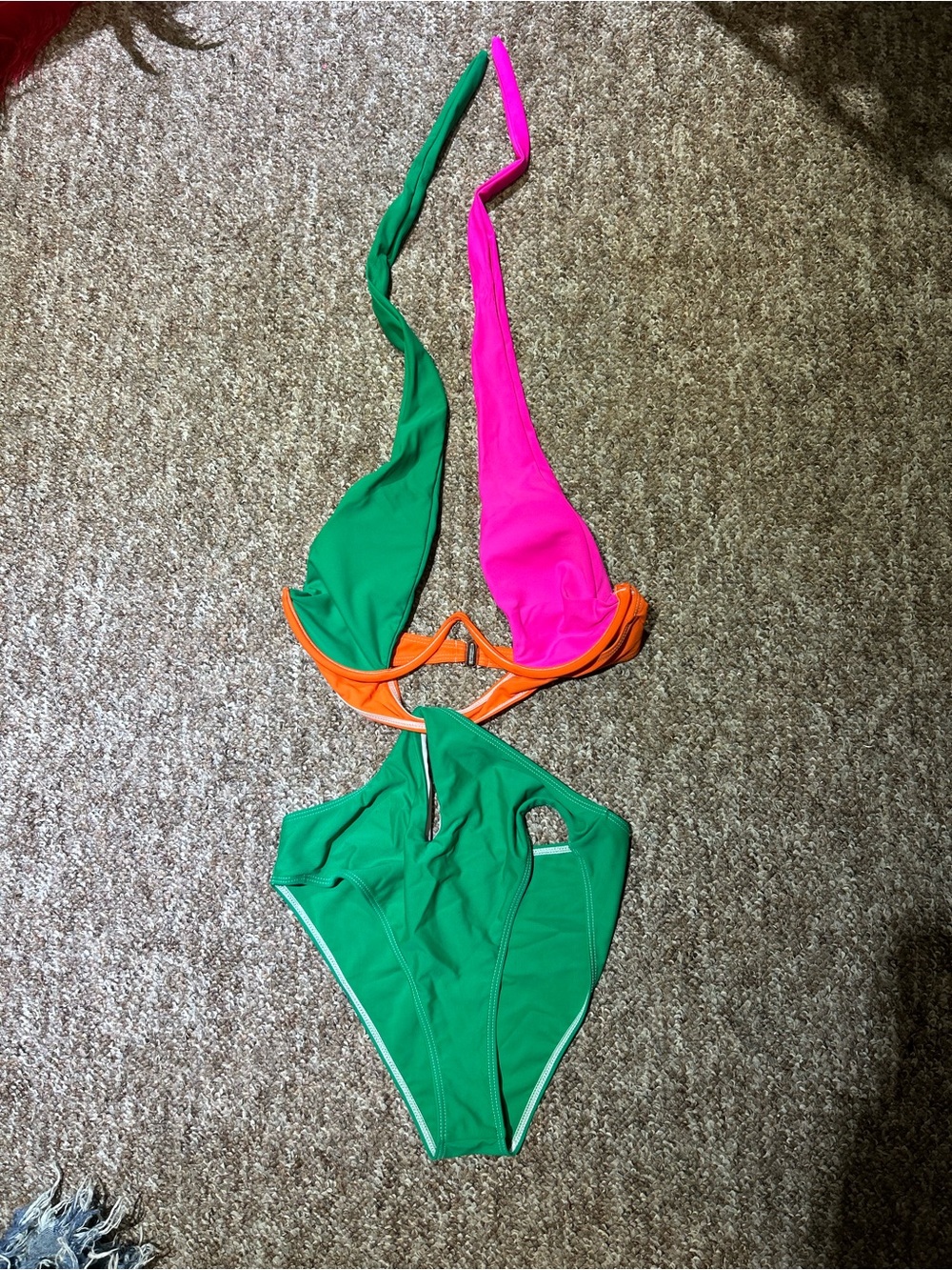 Women’s Colorblock Halter One-Piece Swimsuit in Green, Pink & Orange